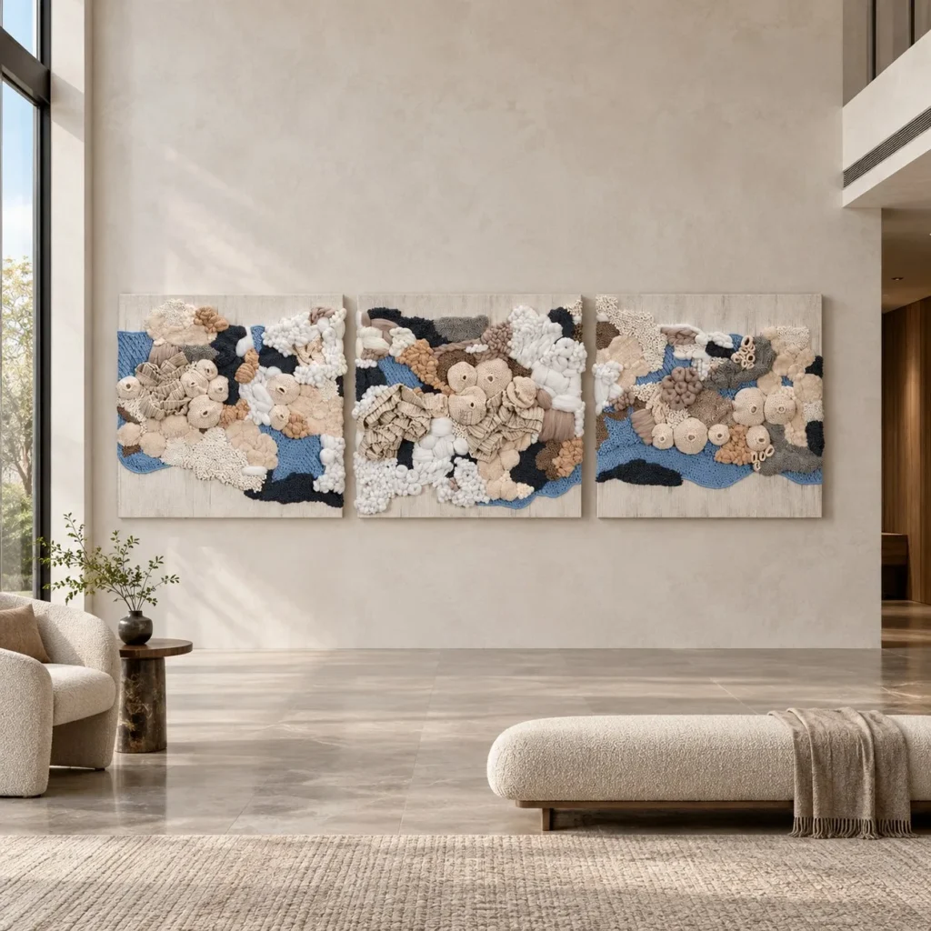 Fibre Coral Relief Triptych in Cream and Blue, 300 x 100 cm — front view