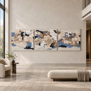 Fibre Coral Relief Triptych in Cream and Blue, 300 x 100 cm — front view
