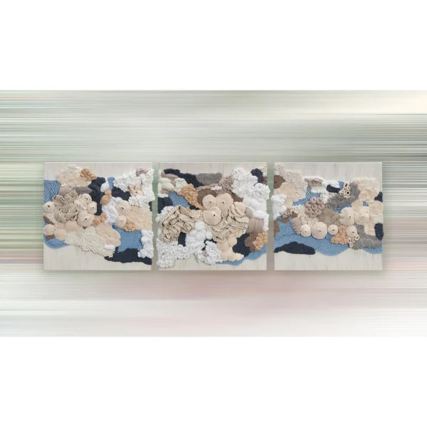 Fibre Coral Relief Triptych in Cream and Blue, 300 x 100 cm — in a room setting