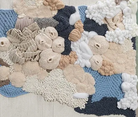 Fibre Coral Relief Triptych in Cream and Blue, 300 x 100 cm — detail