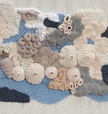 Fibre Coral Relief Triptych in Cream and Blue, 300 x 100 cm — detail