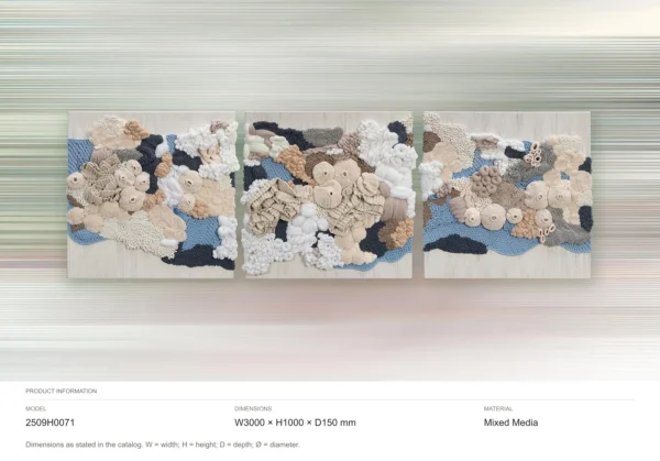 Fibre Coral Relief Triptych in Cream and Blue, 300 x 100 cm — dimensions