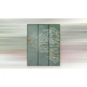 Sage Mountain Relief Triptych in olive — in a room setting