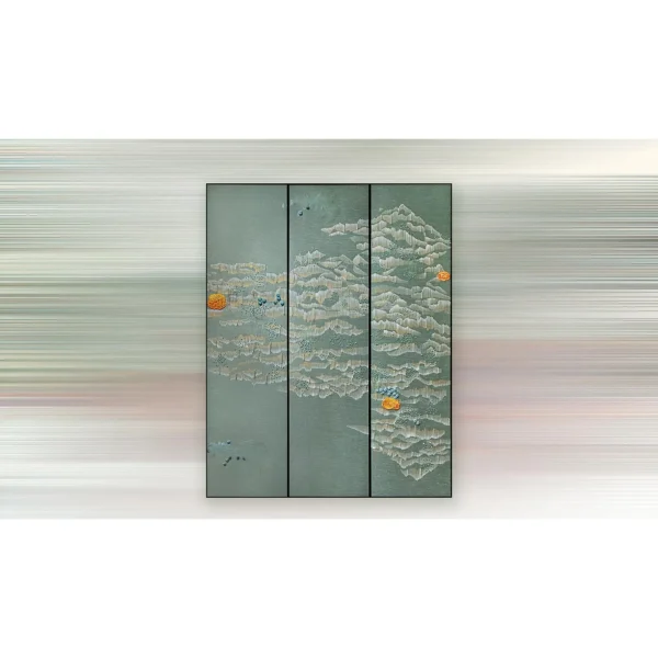 Sage Mountain Relief Triptych in olive — in a room setting