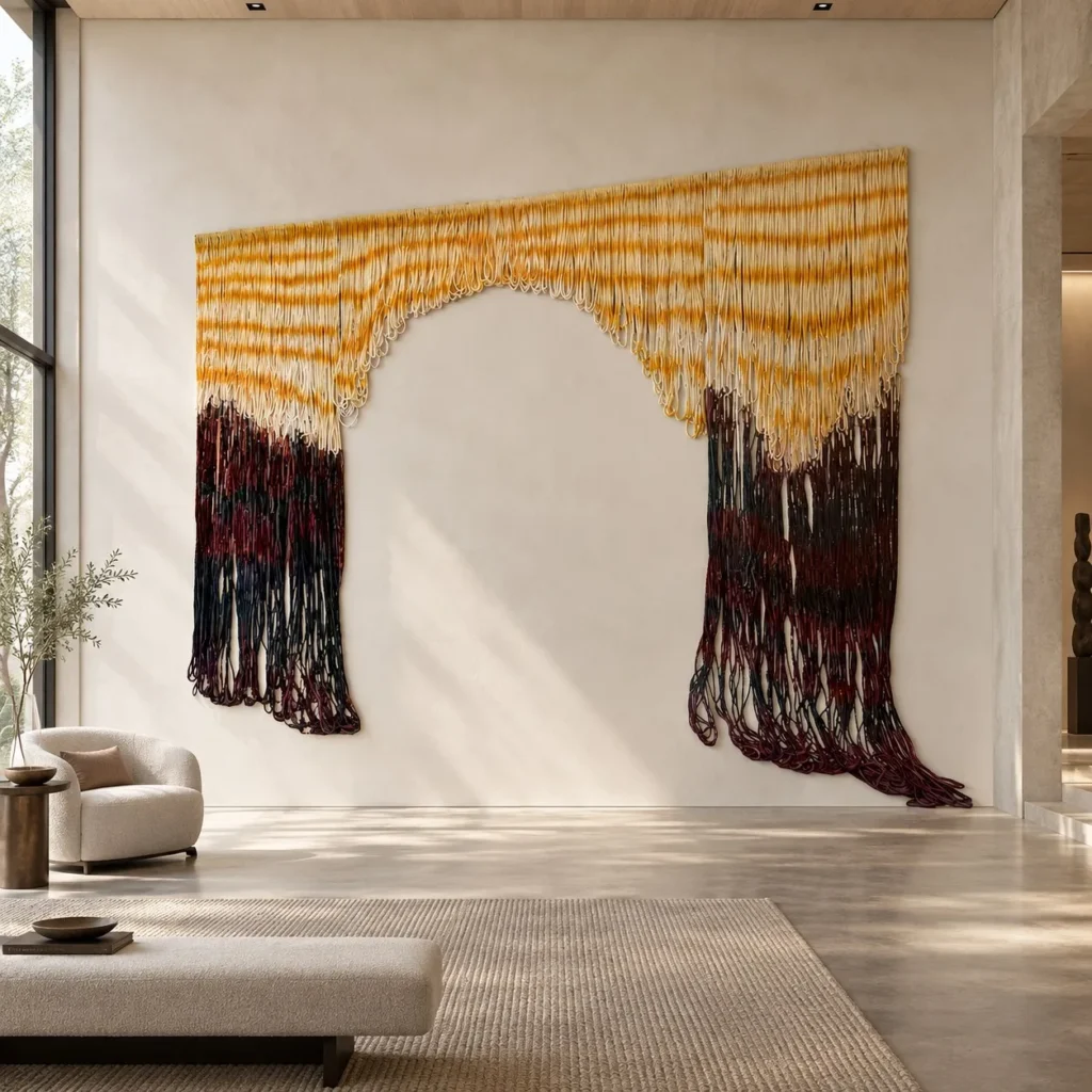 Monumental Arched Fibre Curtain in mustard — front view