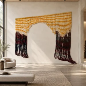Monumental Arched Fibre Curtain in mustard — front view
