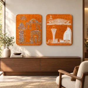 City Skyline Relief Set of 2 in rust — front view