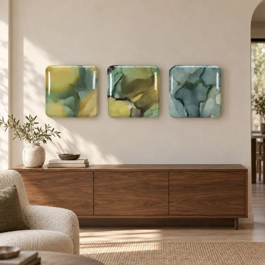 Glazed Ink Tile Set of 3 in Olive and Sage, 30 x 30 cm Each — front view