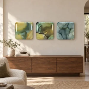 Glazed Ink Tile Set of 3 in Olive and Sage, 30 x 30 cm Each — front view