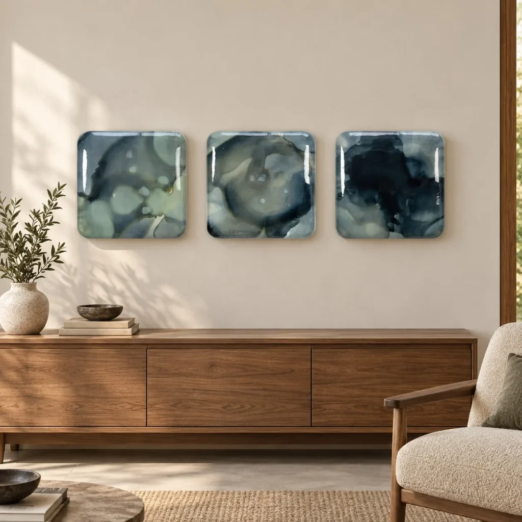 Glazed Ink Tile Set of 3 in Blue and Navy, 30 x 30 cm Each — front view