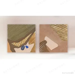 Marquetry Abstract Set of 2 in olive — in a room setting
