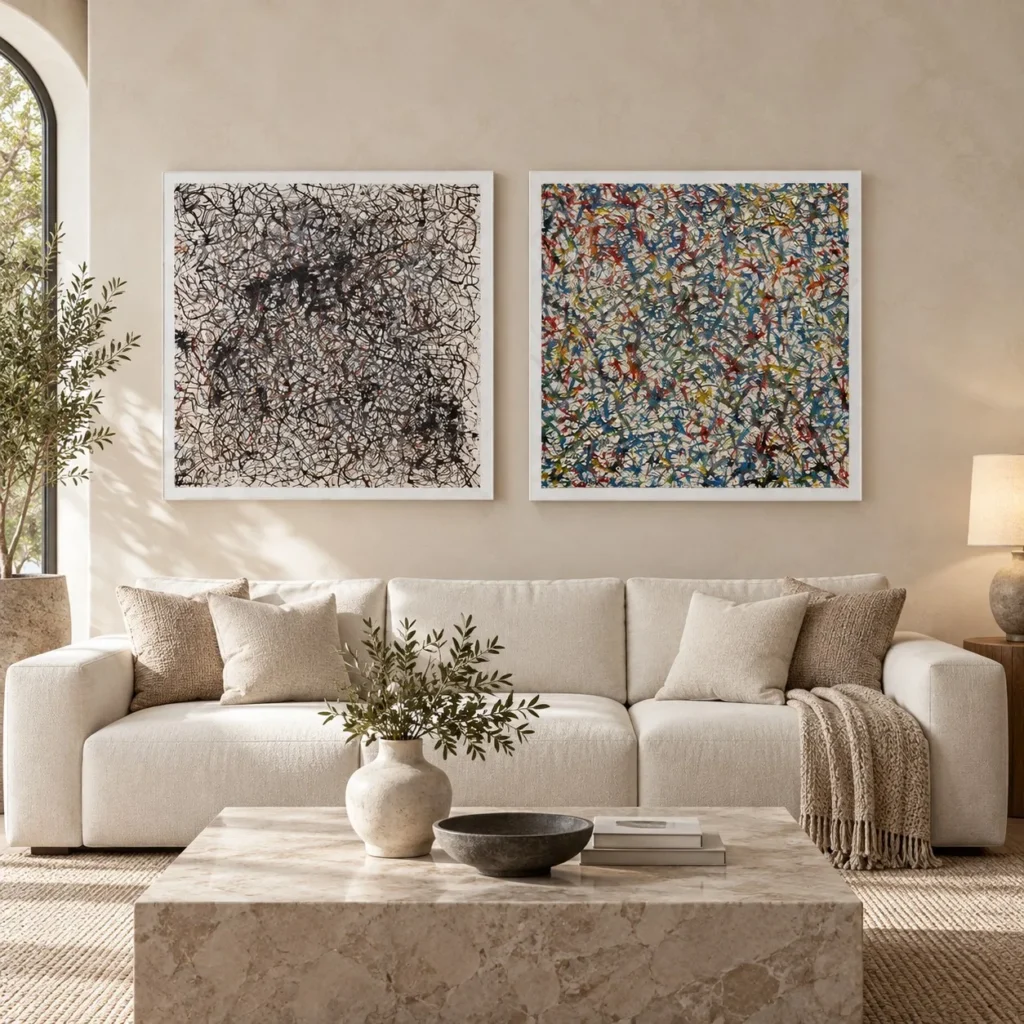 Crackle Web and Speckle Painting Set of 2, 100 x 100 cm Each in black — front view