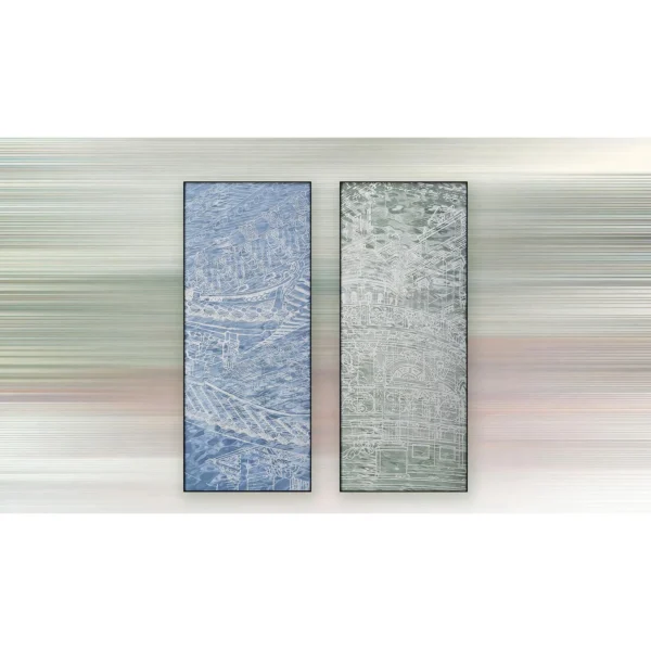Tall City Sketch Panel Set of 2 in blue — in a room setting