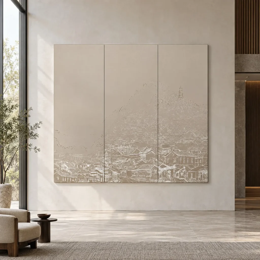 Monumental City Sketch Triptych in sand — front view