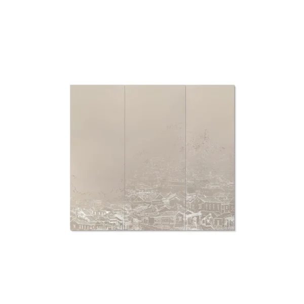 Monumental City Sketch Triptych in sand — in a room setting