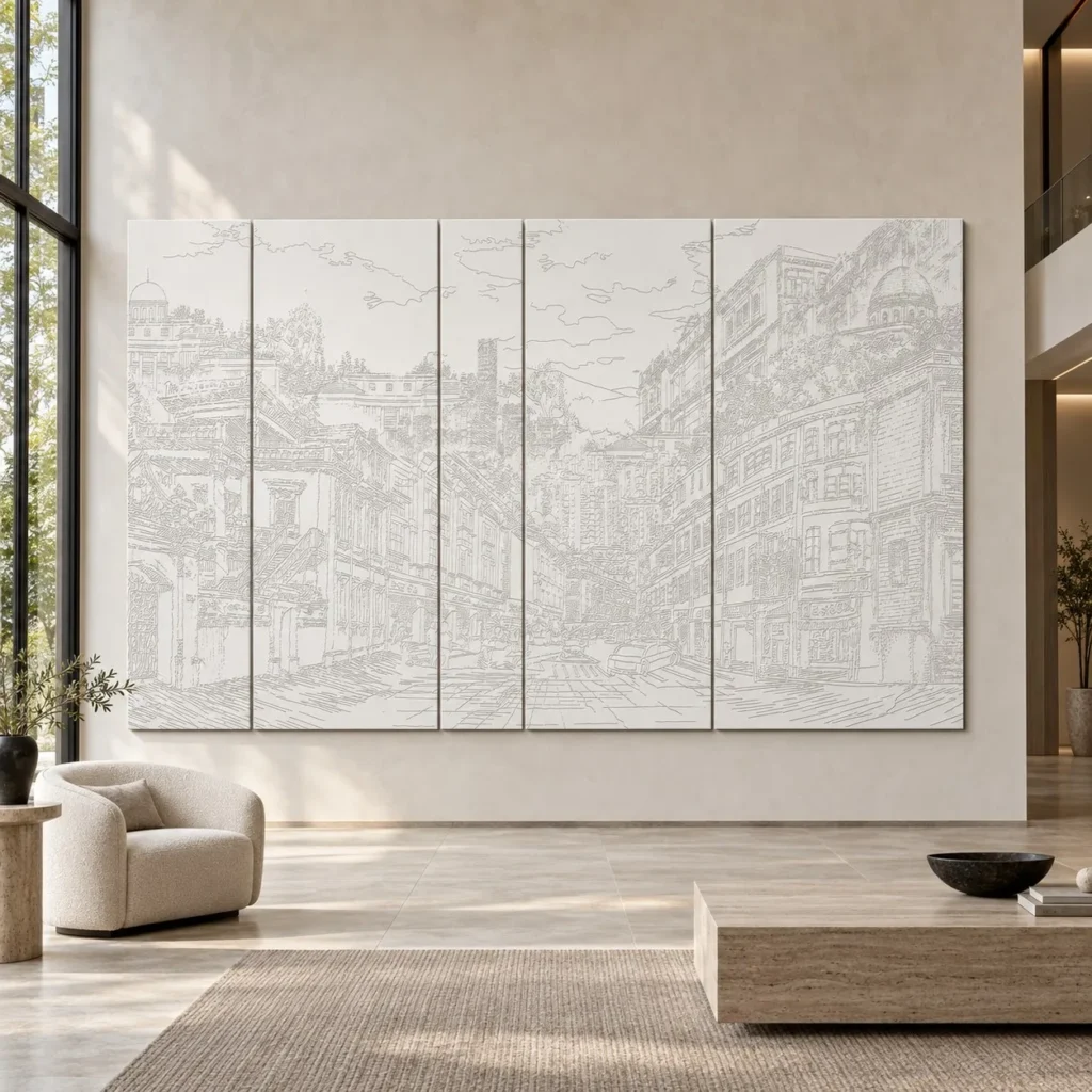 Monumental Old Town Sketch Panel Set, 400 x 240 cm Overall in ivory — front view