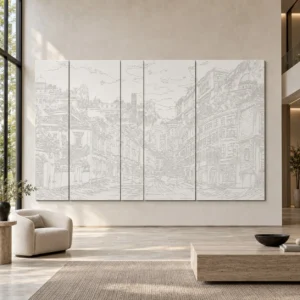 Monumental Old Town Sketch Panel Set, 400 x 240 cm Overall in ivory — front view