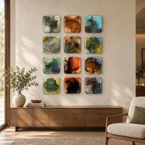 Glazed Ink Tile Grid Set of 12, 103 x 140 cm Overall in multicolour — front view