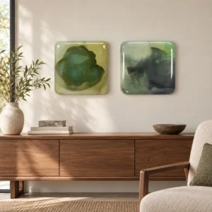 Glazed Ink Tile Set of 2 in Green and Grey, 30 x 30 cm Each — front view