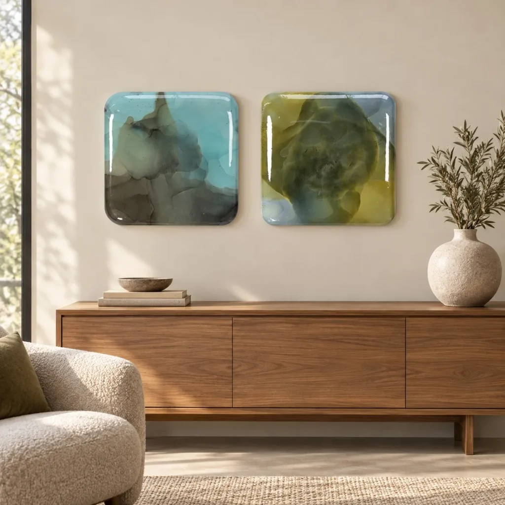 Glazed Ink Tile Set of 2 in Teal and Olive, 30 x 30 cm Each — front view