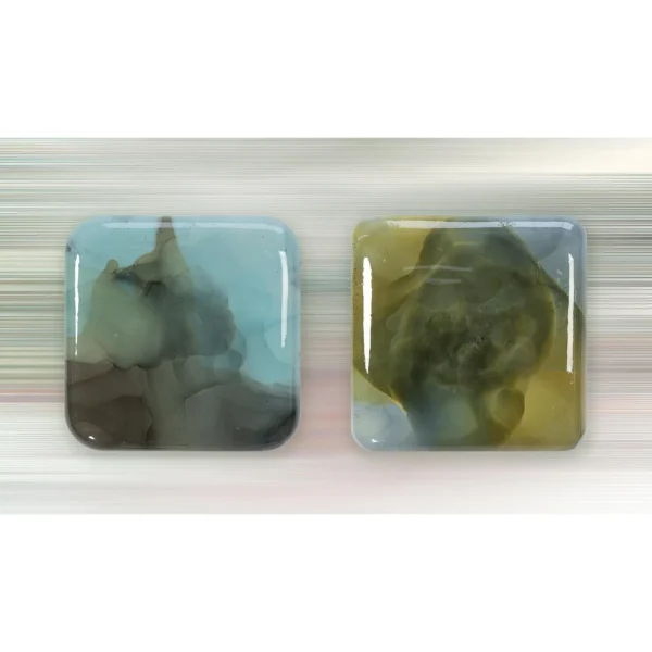 Glazed Ink Tile Set of 2 in Teal and Olive, 30 x 30 cm Each — in a room setting