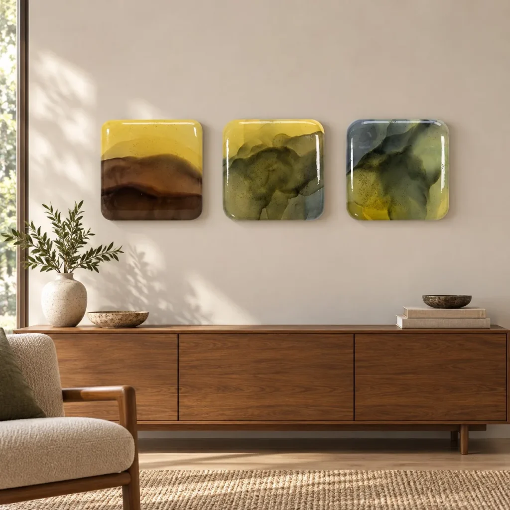Glazed Ink Tile Set of 3 in mustard — front view