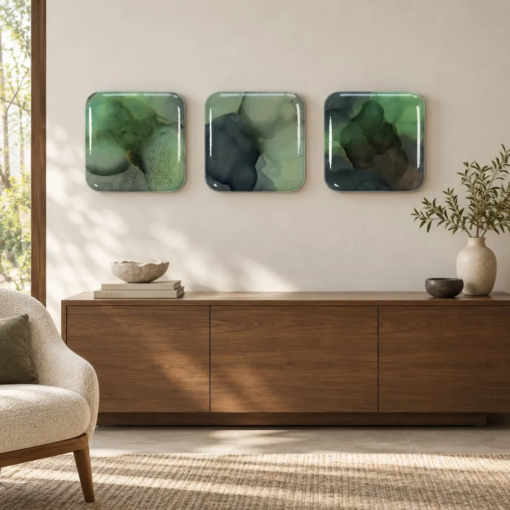 Glazed Ink Tile Set of 3 in Green and Slate, 30 x 30 cm Each — front view