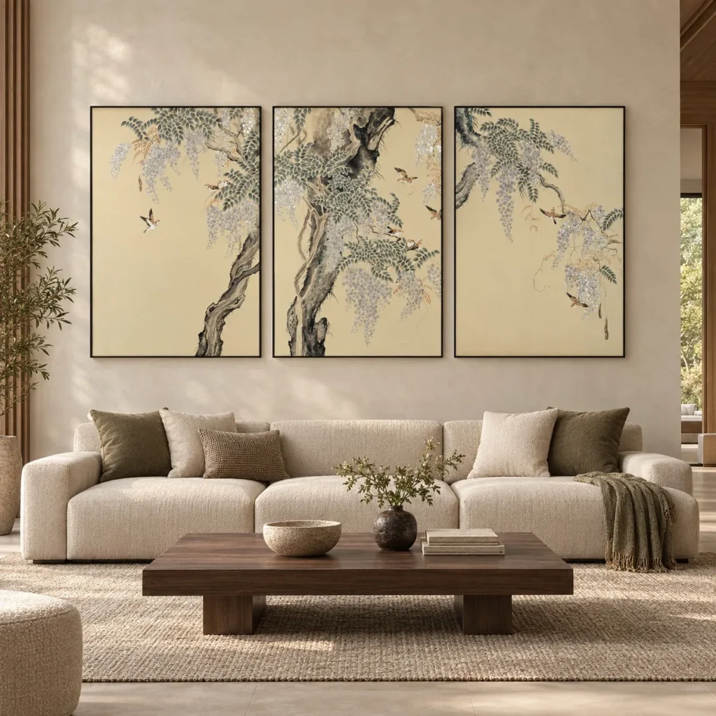 Wisteria Tree Triptych on Cream, 90 x 130 cm Each in oatmeal — front view