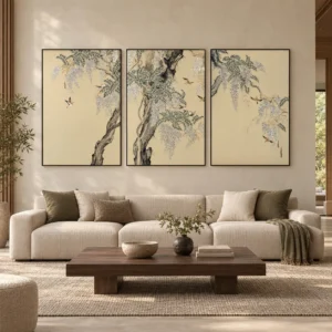 Wisteria Tree Triptych on Cream, 90 x 130 cm Each in oatmeal — front view