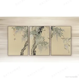 Wisteria Tree Triptych on Cream, 90 x 130 cm Each in oatmeal — in a room setting