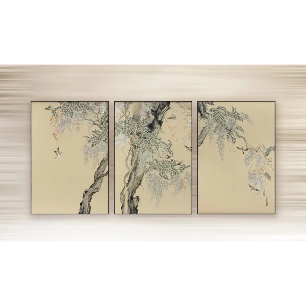 Wisteria Tree Triptych on Cream, 90 x 130 cm Each in oatmeal — in a room setting