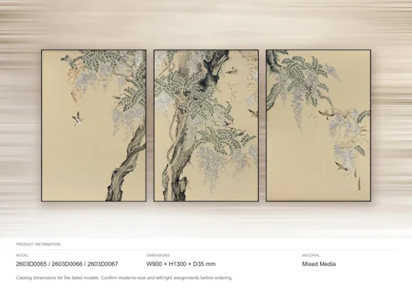 Wisteria Tree Triptych on Cream, 90 x 130 cm Each in oatmeal — dimensions