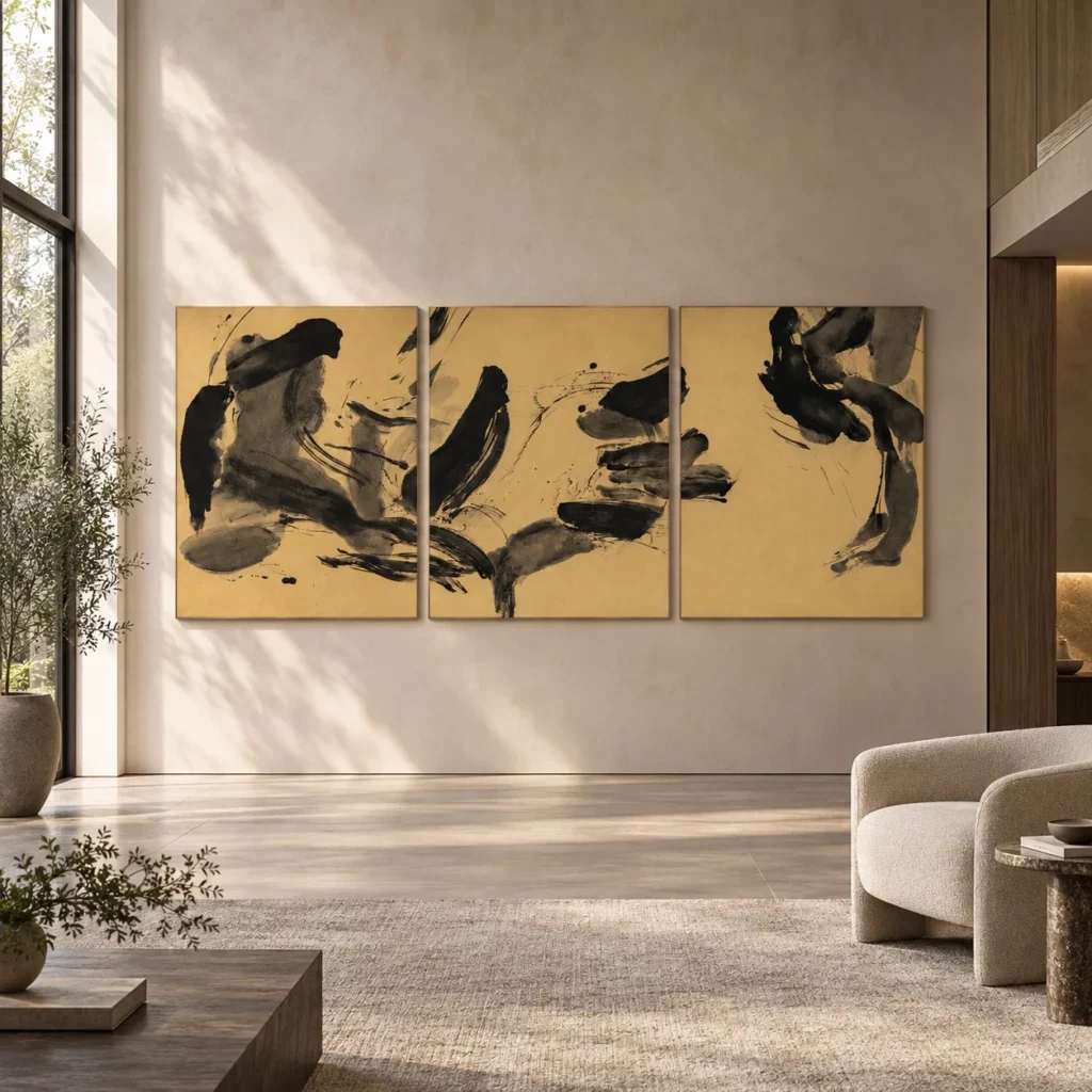 Black Ink Stroke Triptych on Gold, 135 x 80 cm Each in brushed brass — front view