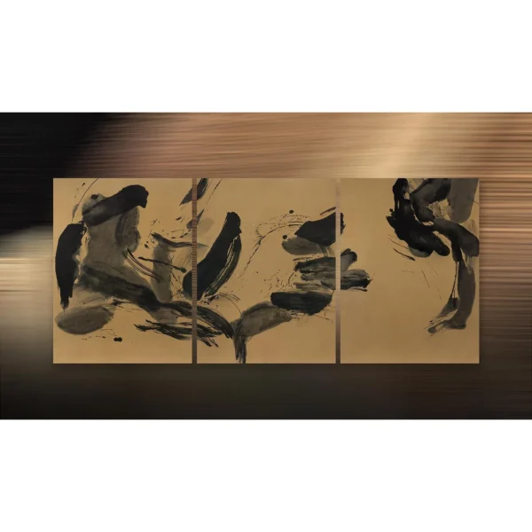 Black Ink Stroke Triptych on Gold, 135 x 80 cm Each in brushed brass — in a room setting