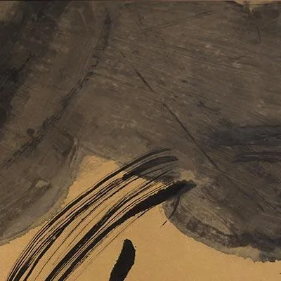 Black Ink Stroke Triptych on Gold, 135 x 80 cm Each in brushed brass — detail