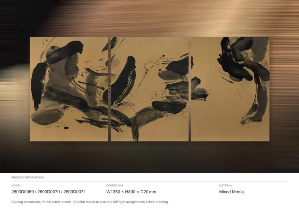 Black Ink Stroke Triptych on Gold, 135 x 80 cm Each in brushed brass — dimensions