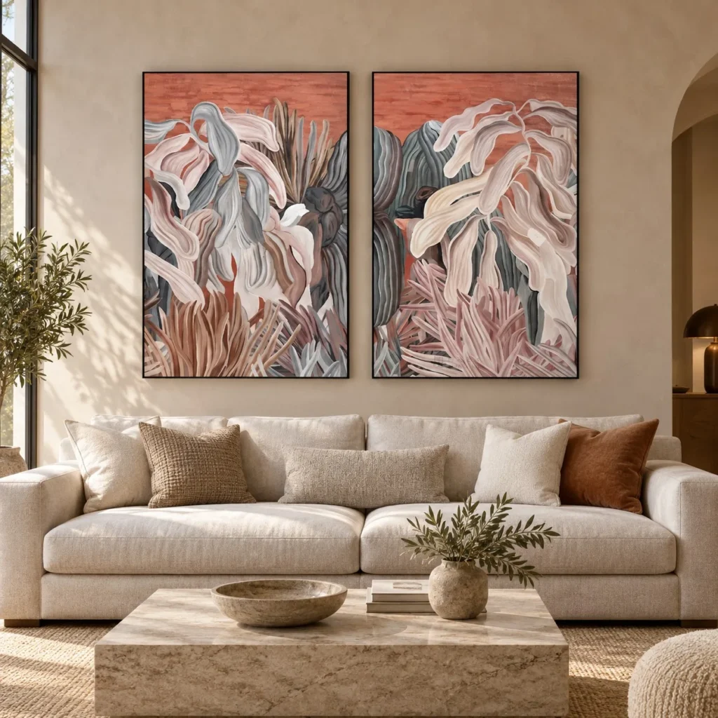 Coral Reef Painting Set of 2 in rose stone — front view