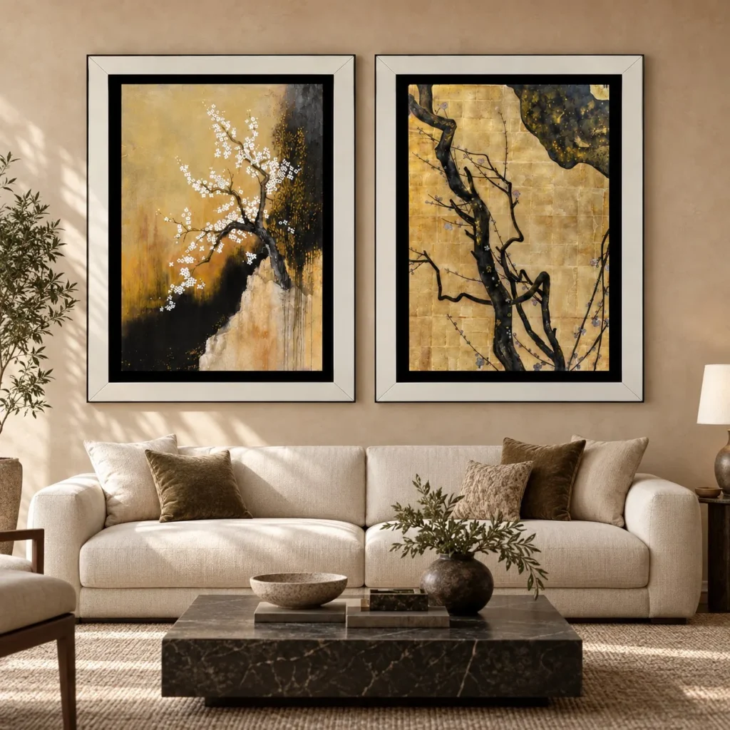 Plum Branch on Gold Set of 2 in Black Frames, 120 x 160 cm — front view