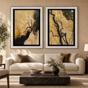 Plum Branch on Gold Set of 2 in Black Frames, 120 x 160 cm — front view