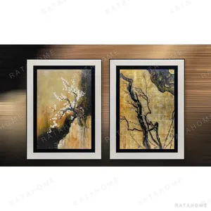 Plum Branch on Gold Set of 2 in Black Frames, 120 x 160 cm — in a room setting