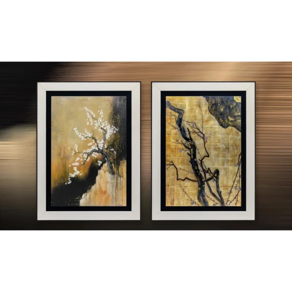 Plum Branch on Gold Set of 2 in Black Frames, 120 x 160 cm — in a room setting