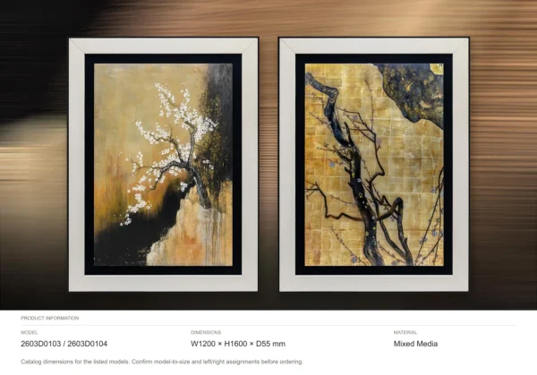 Plum Branch on Gold Set of 2 in Black Frames, 120 x 160 cm — dimensions
