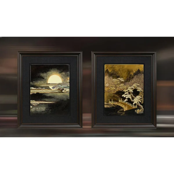 Mother of Pearl Night Landscape Set of 2 in black — in a room setting
