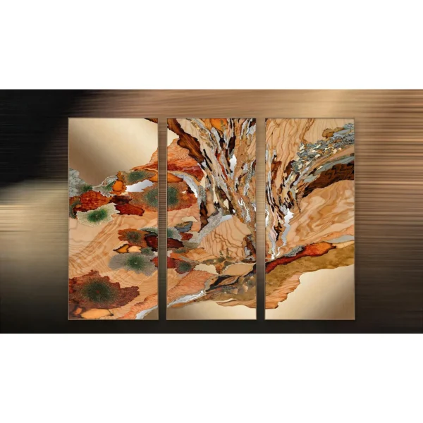 Marbled Canyon Triptych in rust — in a room setting