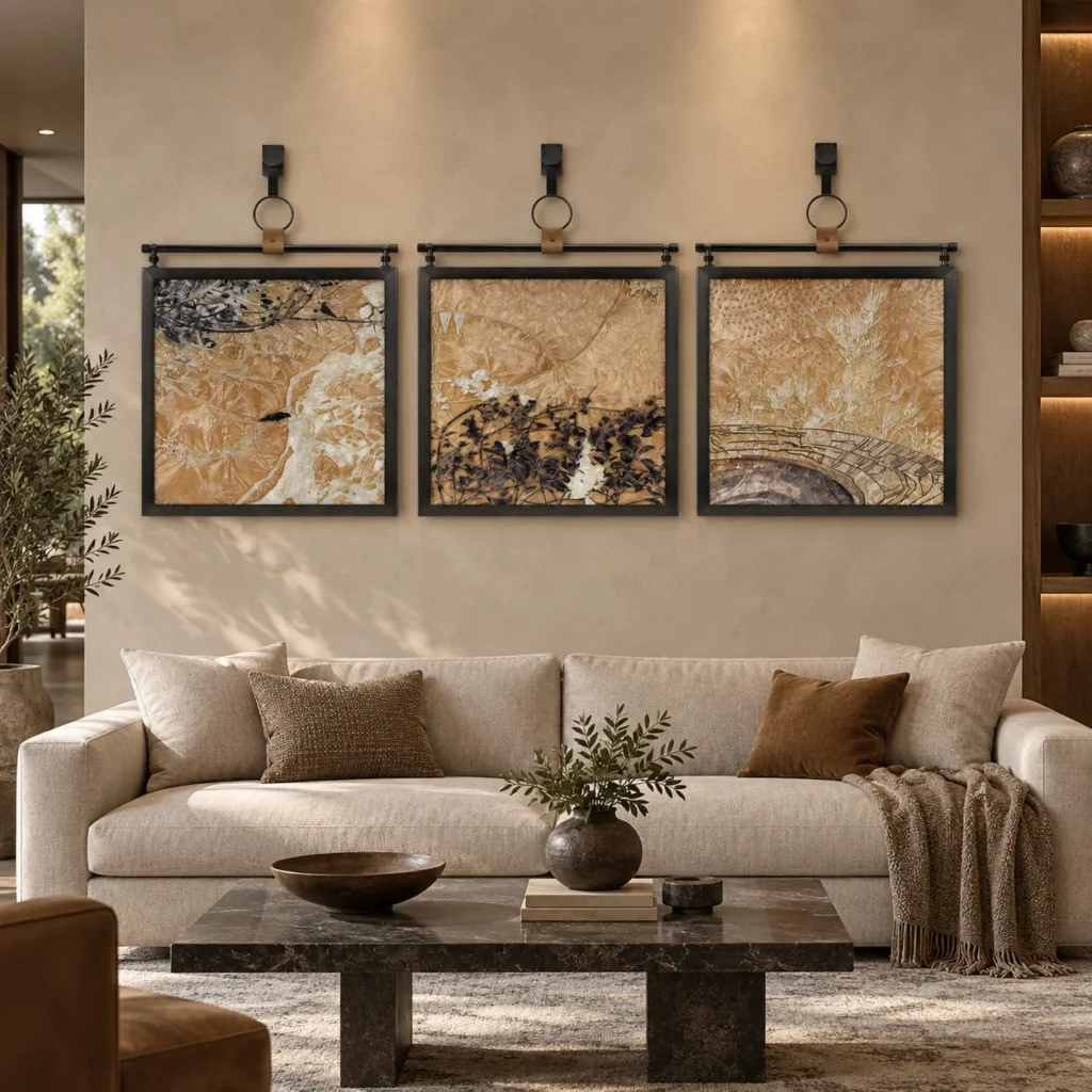 Gold Landscape Triptych on Brass Hooks, 60 x 90 cm Each in brushed brass — front view