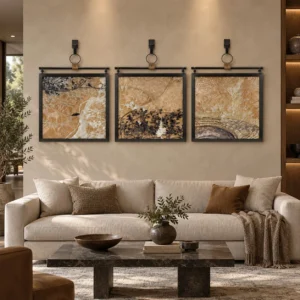 Gold Landscape Triptych on Brass Hooks, 60 x 90 cm Each in brushed brass — front view