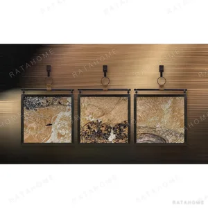 Gold Landscape Triptych on Brass Hooks, 60 x 90 cm Each in brushed brass — in a room setting