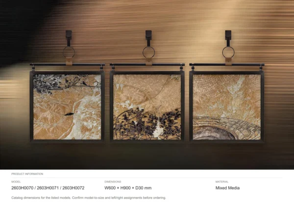 Gold Landscape Triptych on Brass Hooks, 60 x 90 cm Each in brushed brass — dimensions
