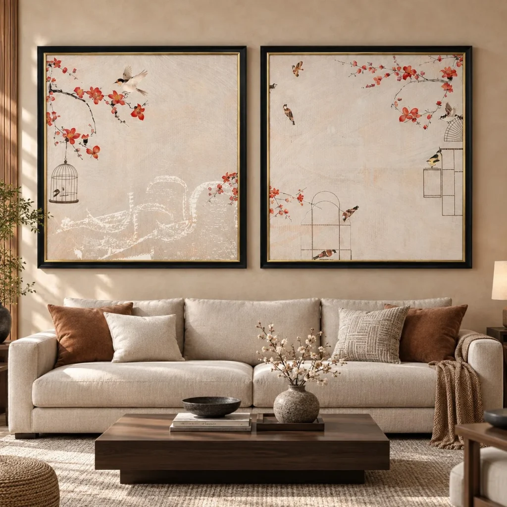 Bird and Blossom Set of 2 in oatmeal — front view