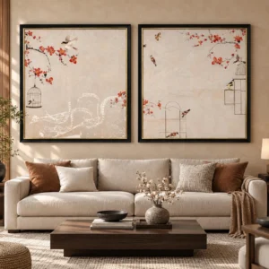 Bird and Blossom Set of 2 in oatmeal — front view